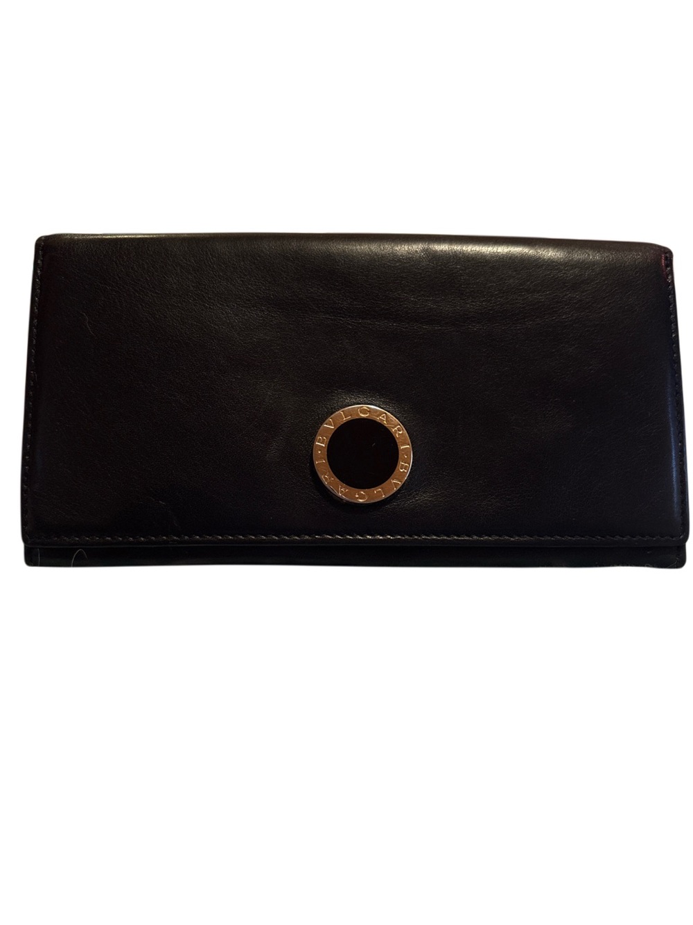 BVLGARI Vintage Black Calfskin Long Wallet Gold Accent Made in Italy